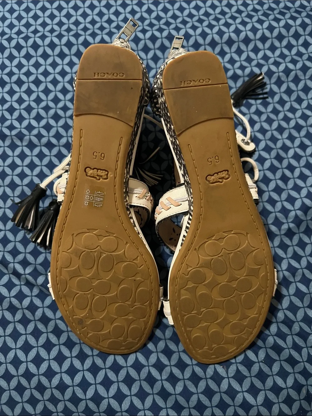Coach Two-Tone Espadrille Wedge Sandals in Beige and Black